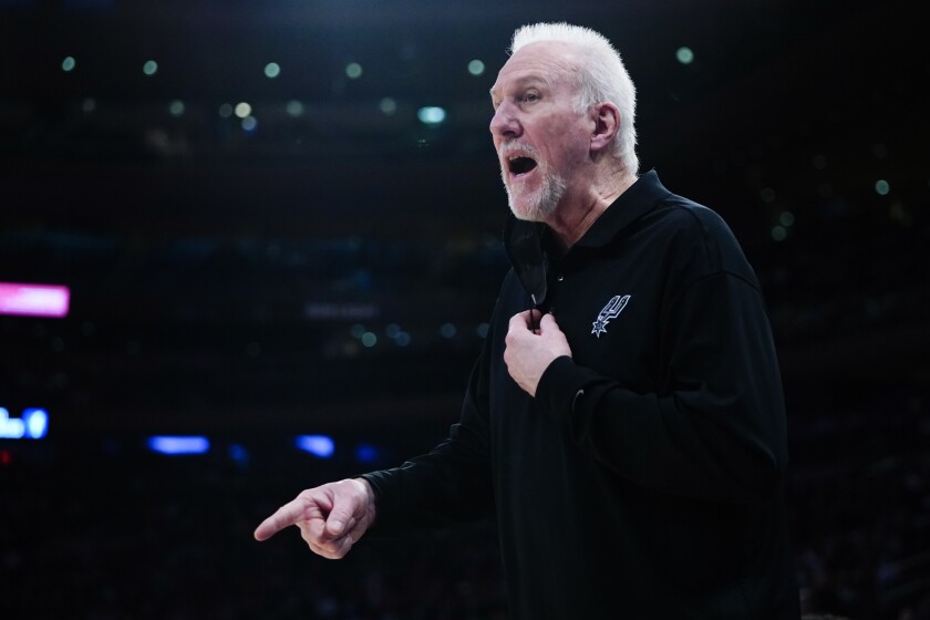 San Antonio Spurs head coach Gregg Popovich argues a call during the first half of an NBA basketball game against the New York Knicks, Monday, Jan. 10, 2022, in New York. (AP Photo/Frank Franklin II)