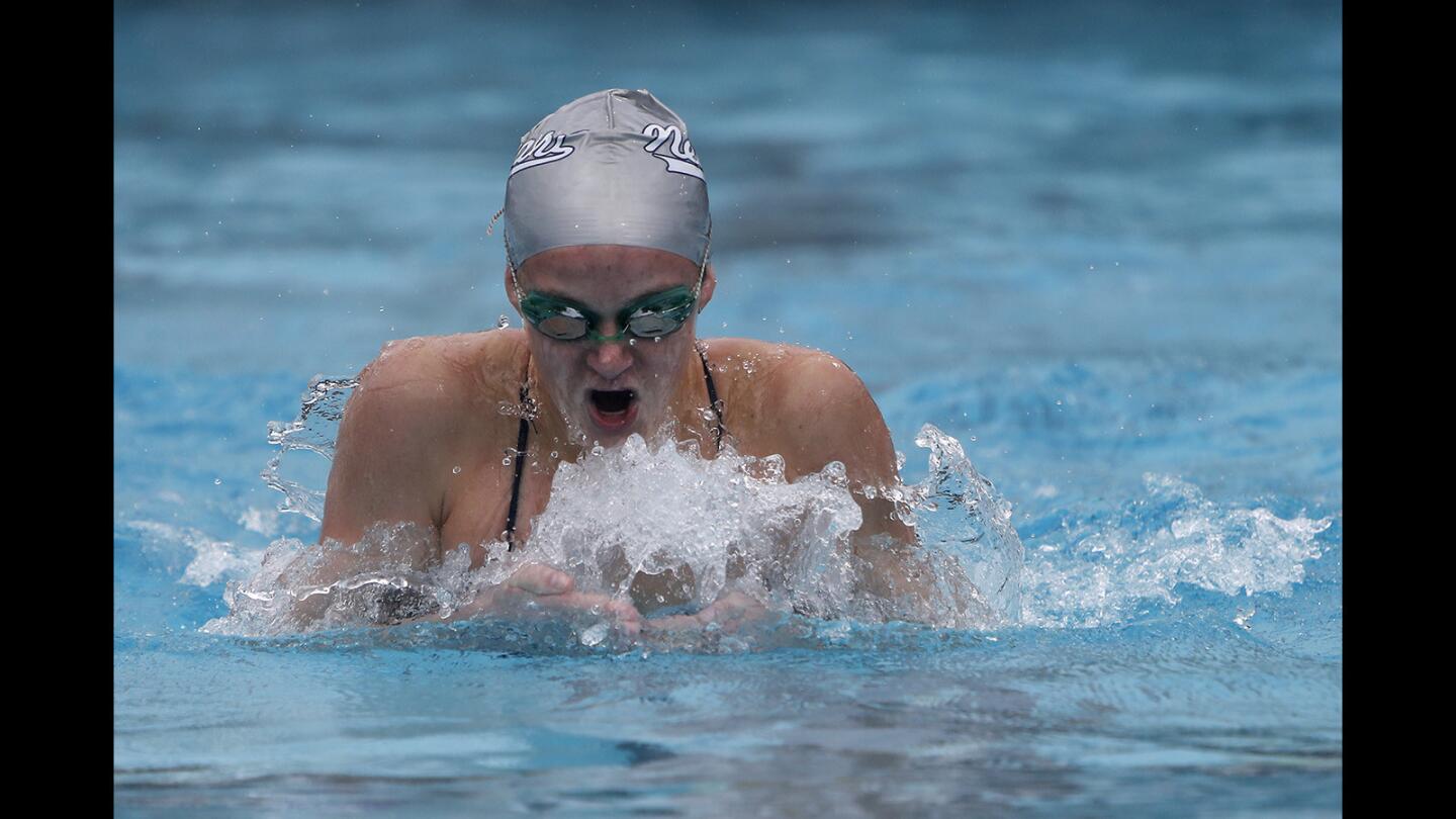 Newport Harbor High's Ayla Spitz competes in the girls' 400-yard individual medley relay championship finals of the Capistrano Valley Relays at Capistrano Valley High on Saturday, March 10.