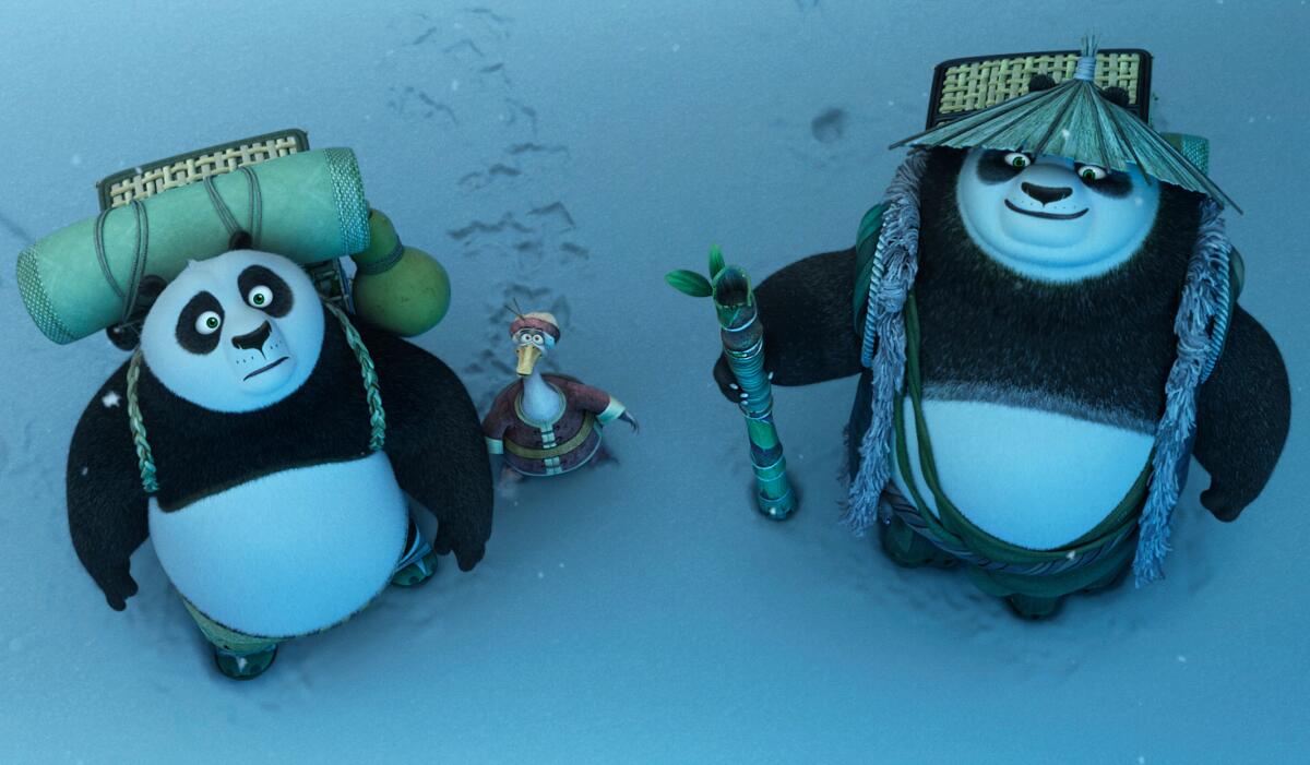 James Hong voices Mr. Ping (center, with Jack Black as Po and Bryan Cranston as Li) in "Kung Fu Panda 3."