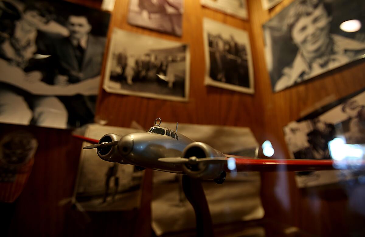 A display that features the exploits of aviatrix Amelia Earhart showcases some of the memorabilia at the Proud Bird restaurant on land belonging to Los Angeles International Airport.