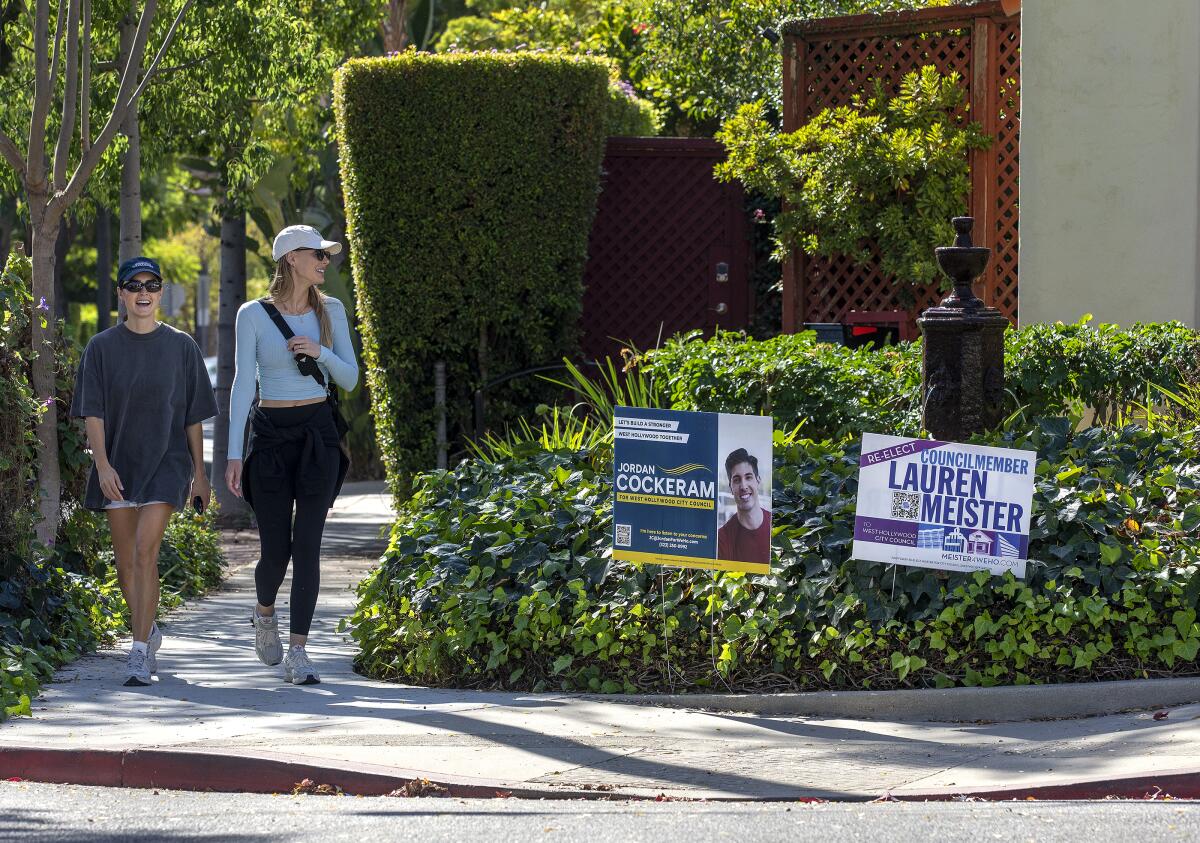Signs for candidates running for West Hollywood City Council in front of a home on Lloyd Place in West Hollywood.