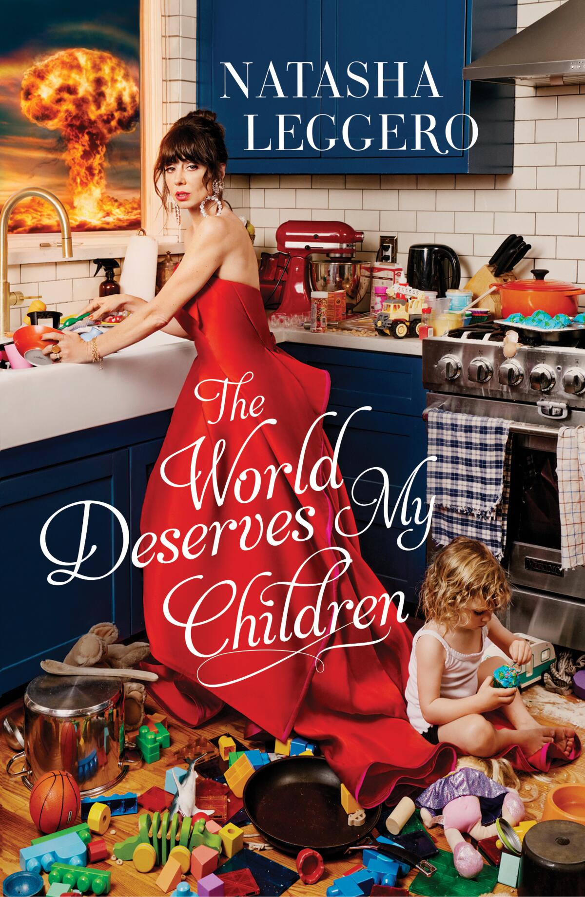 Book cover for "The World Deserves My Children" has a woman in a red gown cleaning a crowded kitchen