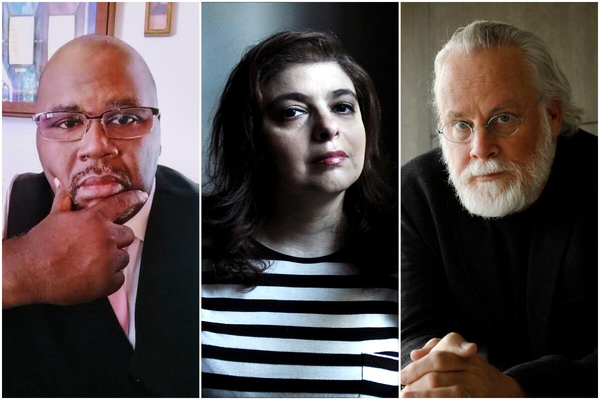 a triptych of author portraits