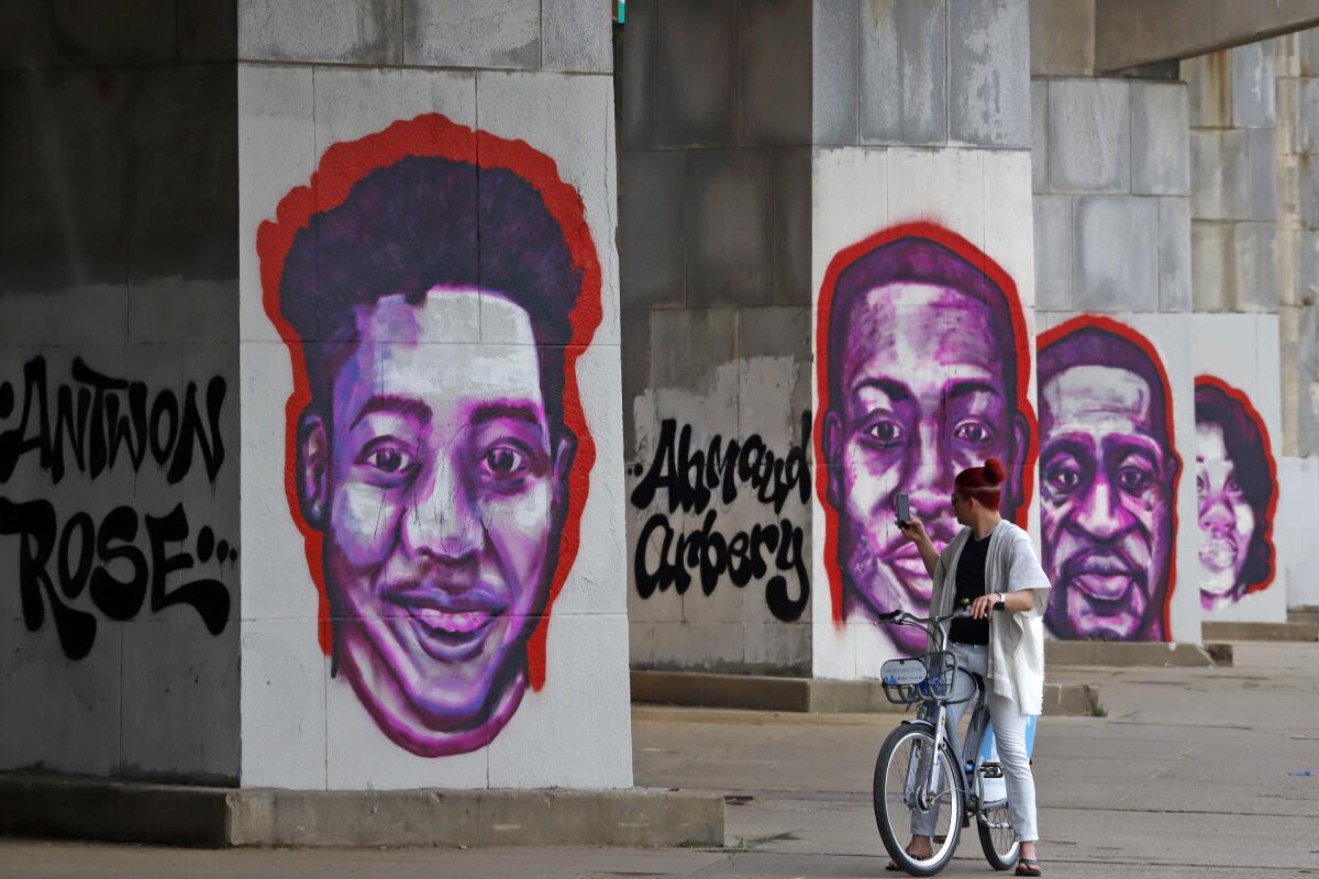 Murals of Antwon Rose, Ahmaud Arbery, George Floyd and Breonna Taylor
