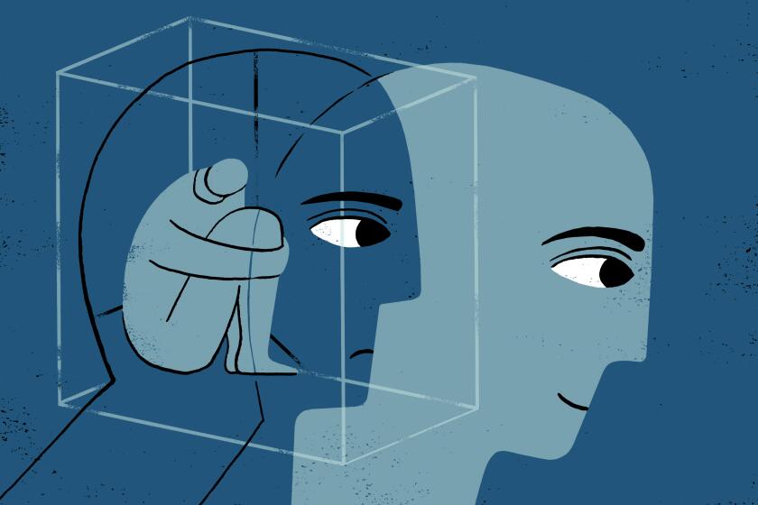 Illustration showing two heads in profile. one head contains a human figure crouching in a box.