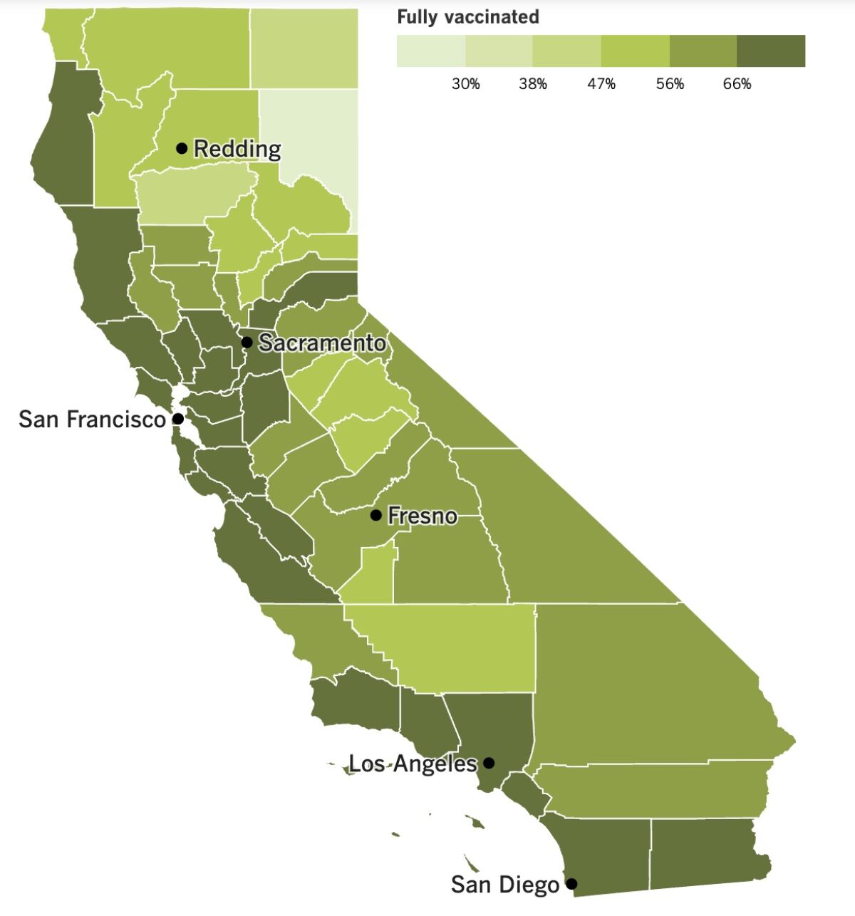 A map showing California's COVID-19 vaccination progress by county as of Nov. 29, 2022.