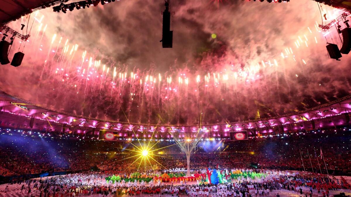 Fireworks explode during the Rio 2016 closing ceremony.
