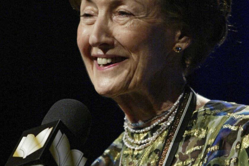 Shirley Hazzard makes her acceptance speech in 2003 after winning the fiction category at the 2003 National Book Awards in New York City.