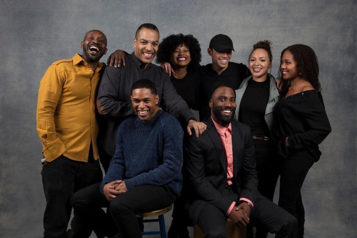 Rob Morgan, Kelvin Harrison Jr., director-writer Reinaldo Marcus Green, Chante Adams, Anthony Ramos, John David Washington, Jasmine Cephas Jones, and Niclole Beharie, from the film, "Monsters and Men."