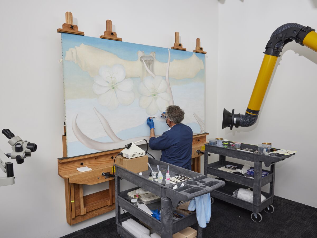 In this photo provided by the Georgia O'Keeffe Museum, Dale Kronkright, head of conservation and preservation at the Georgia O'Keeffe Museum, works on restoring O'Keeffe's painting "Spring," Saturday, Nov. 13, 2021, in Santa Fe, New Mexico. (Brad Trone/Georgia O'Keeffe Museum via AP)