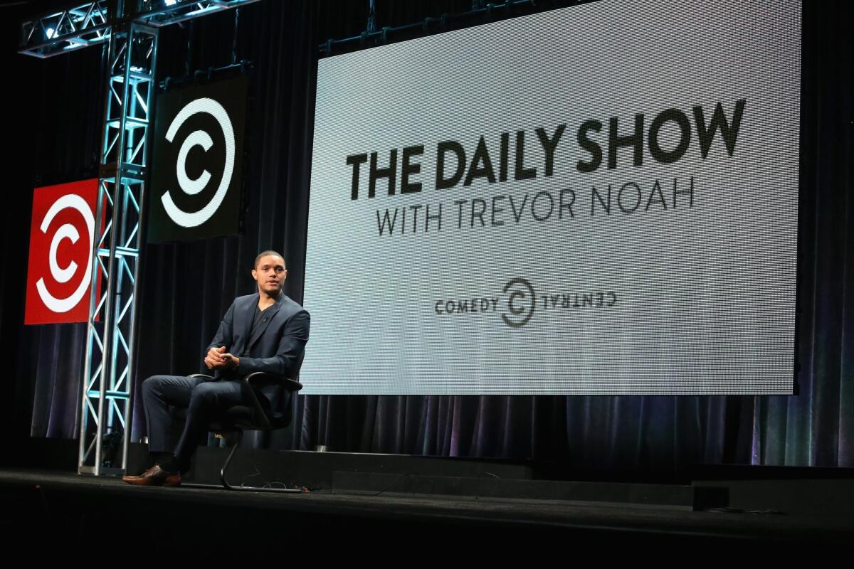 Host Trevor Noah speaks onstage during "The Daily Show with Trevor Noah" panel discussion at the Viacom Networks portion of the 2015 Summer TCA Tour at The Beverly Hilton Hotel.