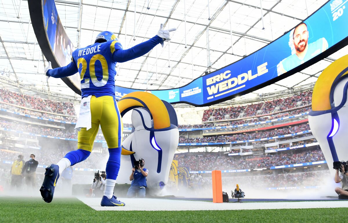 Inglewood, California January 30, 2022: Rams safety Eric Weddle is introduced before a game.