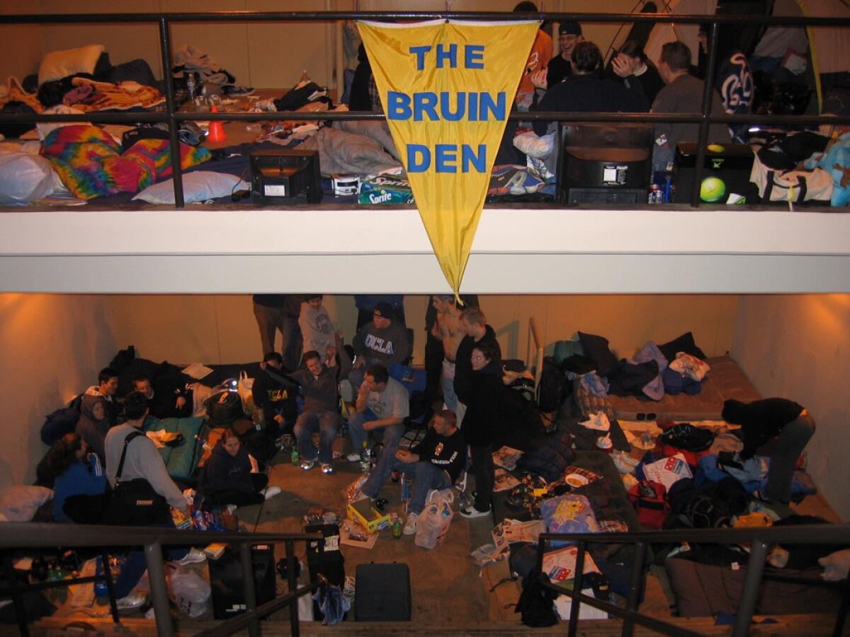 UCLA students camp outside Pauley Pavilion while waiting in line for tickets.