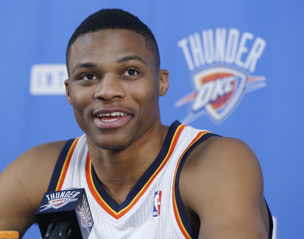 Thunder point guard Russell Westbrook fields questions during media day.