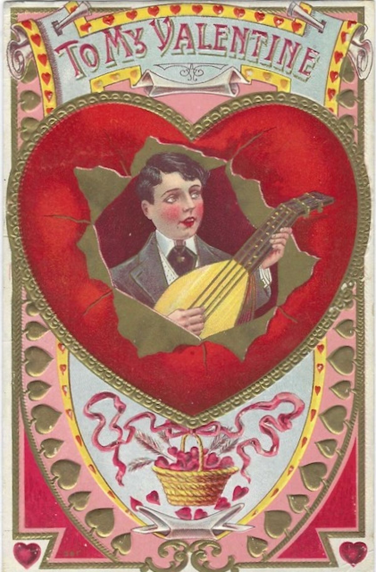 A man with a lute is depicted inside a red heart.