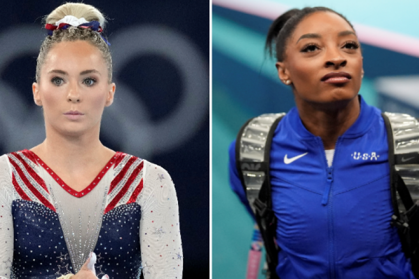 A split image of MyKayla Skinner at the Tokyo Olympics in 2021, left, and Simone Biles at the 2024 Paris Games