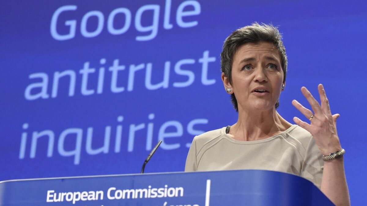 Margrethe Vestager, European competition commissioner, speaks in Brussels in 2015, when the EU formally charged Google with abusing its dominant position as Europe's top search engine.