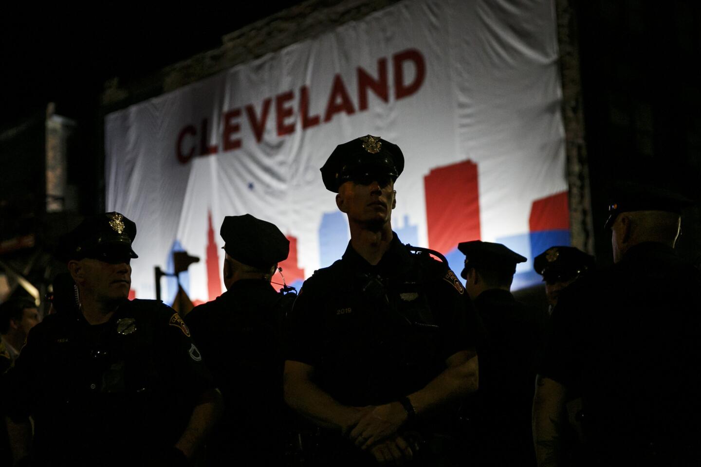 Cleveland Police Officers stand guard at the entrance to the Quick Loans Arena for the 2016 Republican National Convention in Cleveland.