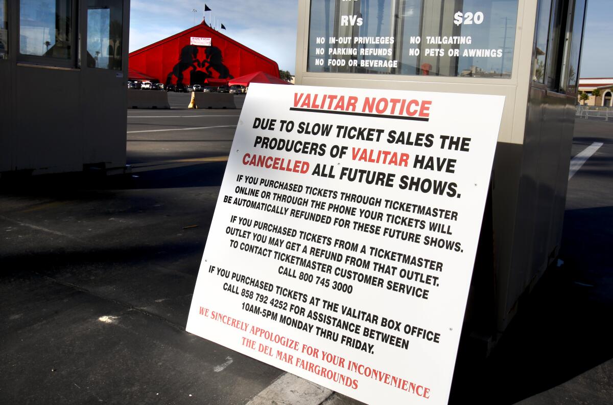 A sign at the entrance to the Del Mar Fairgrounds lets everyone know the "Valitar" shows are canceled.