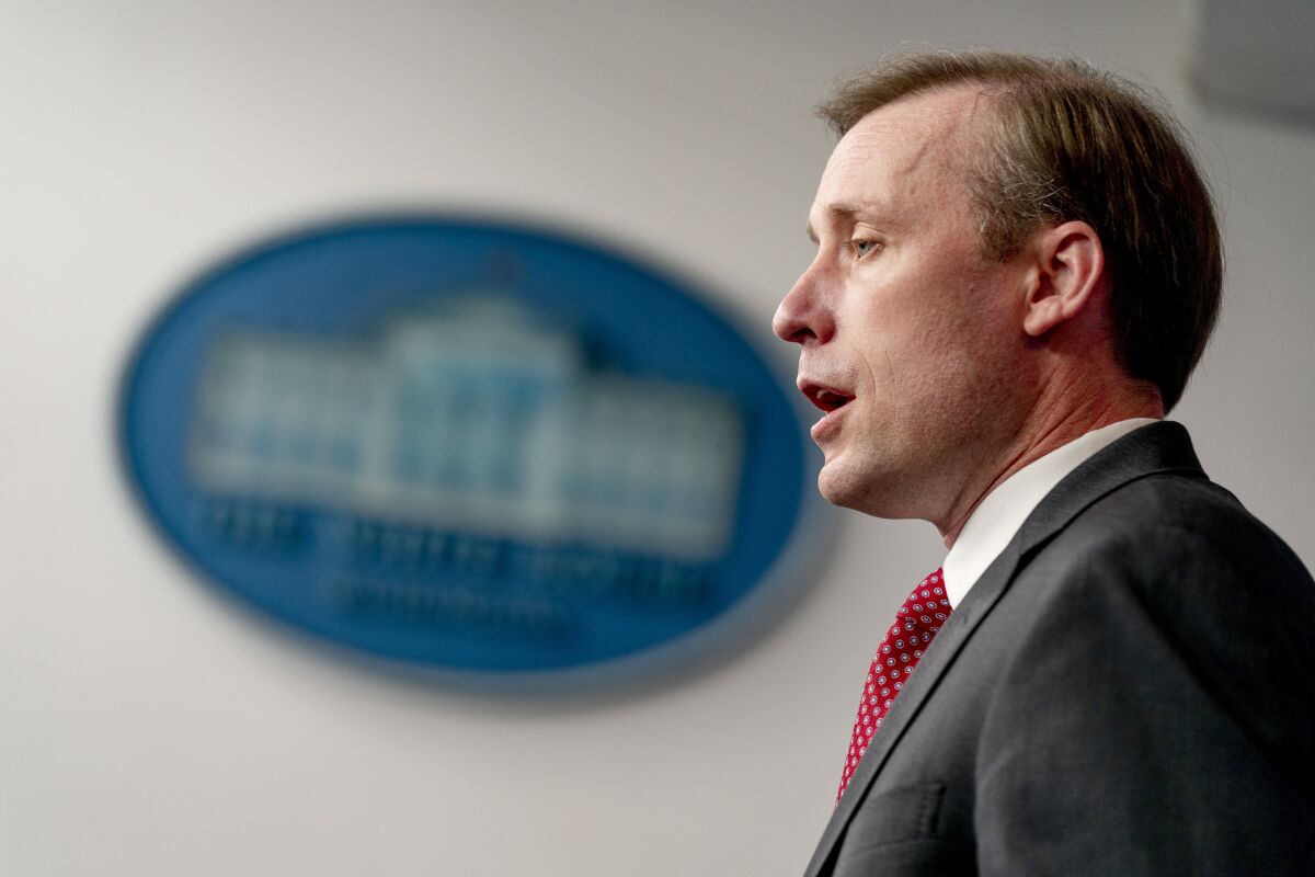 White House national security adviser Jake Sullivan gives an update about the ongoing talks with Russia at a press briefing at the White House in Washington, Thursday, Jan. 13, 2022. (AP Photo/Andrew Harnik)