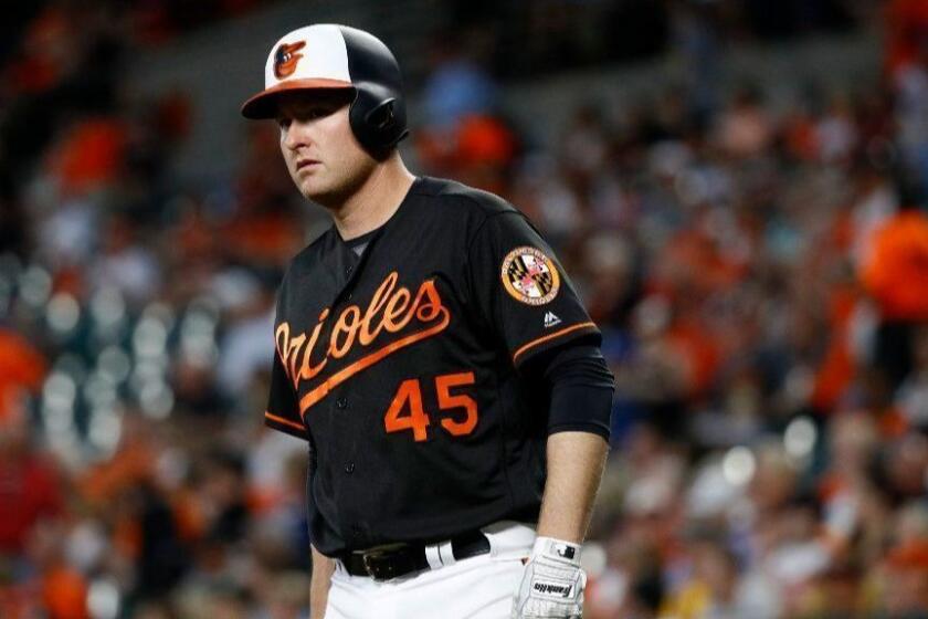 Baltimore Orioles' Mark Trumbo prepares for an at-bat during a baseball game against the Tampa Bay Rays, Friday, May 11, 2018, in Baltimore. (AP Photo/Patrick Semansky)