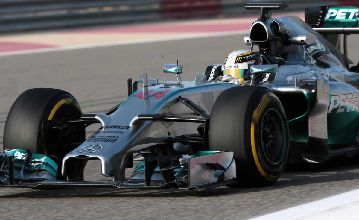 Mercedes driver Lewis Hamilton of Britain speeds down the track during Formula One testing at the Bahrain International Circuit in Sakhir, Bahrain.