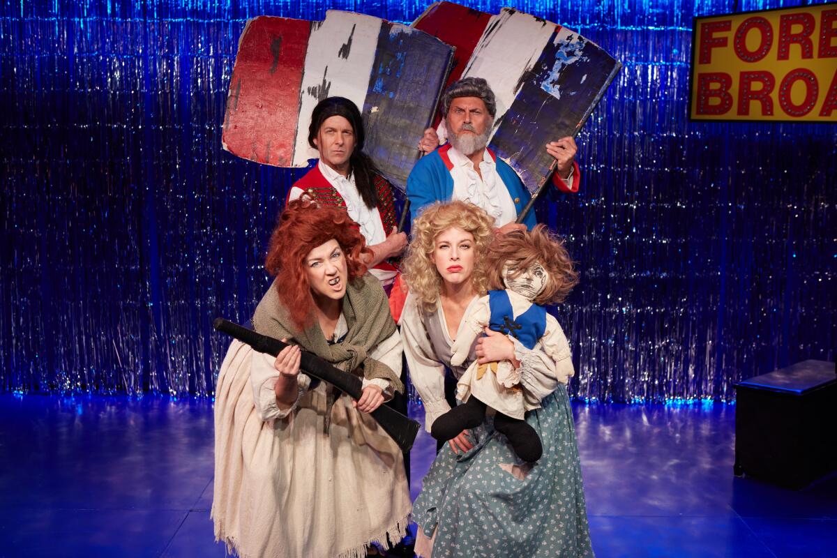 Cathy Barnett, Trisha Rapier, William Selby and Edward Staudenmayer in "Forbidden Broadway" at North Coast Rep.