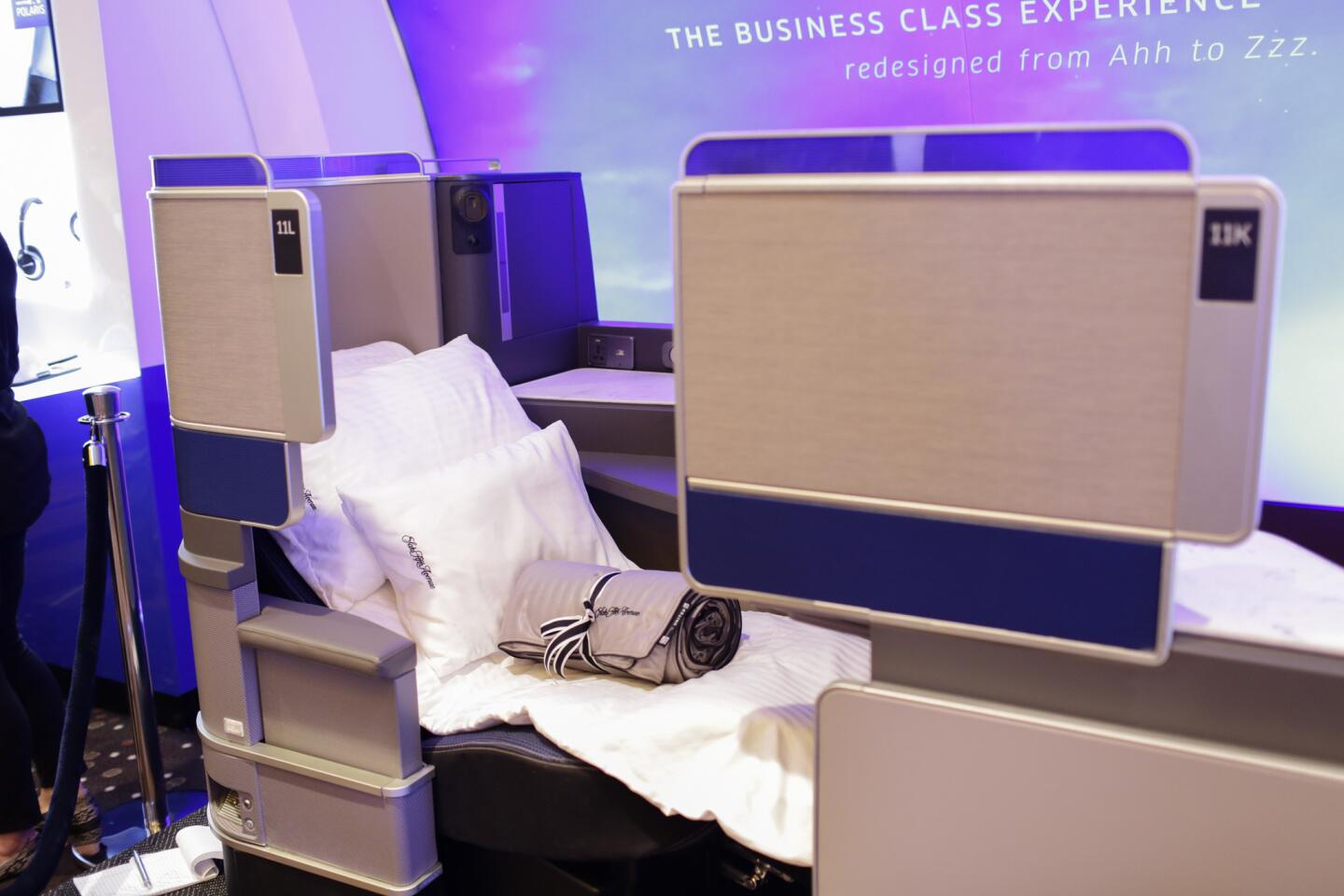 The new 6-foot-long sleep pods/seats for Polaris, United Airlines' new international business class, was unveiled on June 16, 2016, in Chicago.