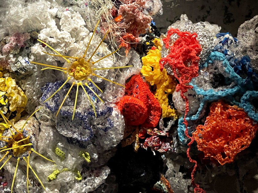 Detail of plastic crocheted coral reef