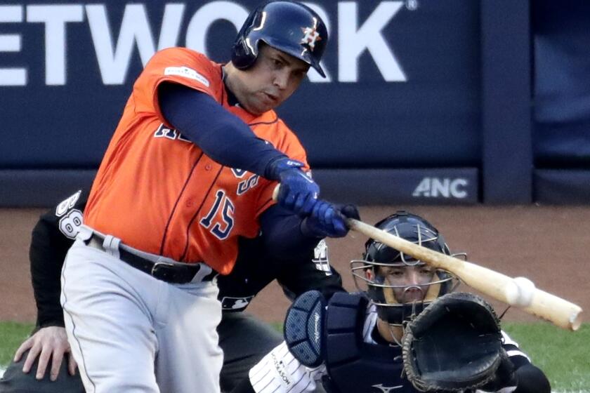 Houston Astros' Carlos Beltran hits a double during the second inning of Game 4 of baseball's American League Championship Series against the New York Yankees Tuesday, Oct. 17, 2017, in New York. (AP Photo/Frank Franklin II)