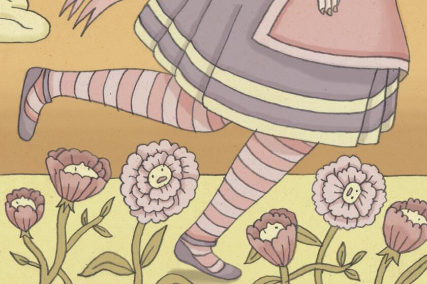 A girl's legs wearing striped stockings and a skirt, seen running through a bunch of flowers with faces on them