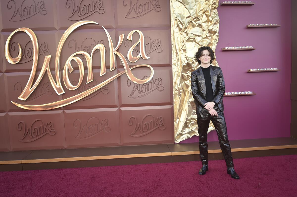 Timothee Chalamet arrives at the premiere of "Wonka" on Sunday, Dec. 10, 2023, at Regency Village Theatre in Westwood.