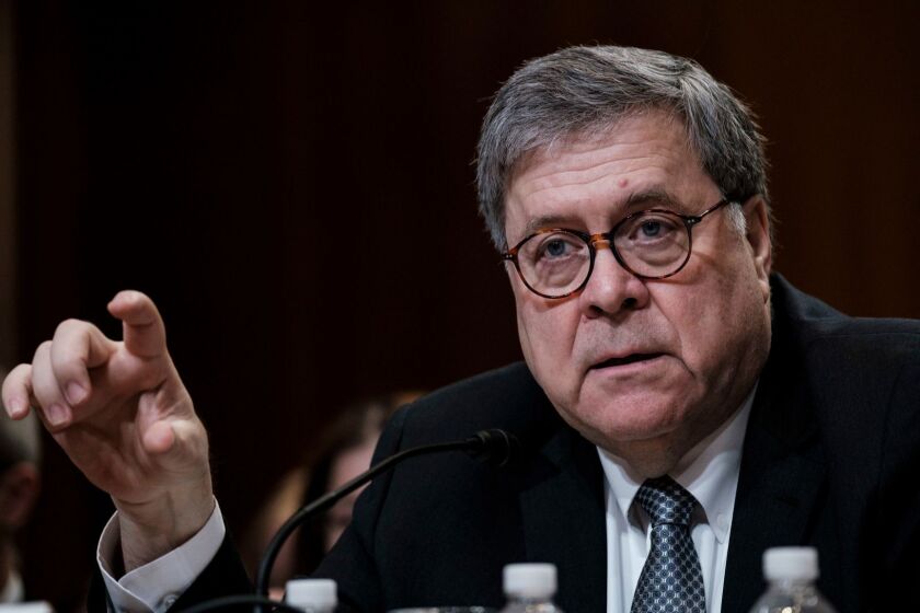 Mandatory Credit: Photo by PETE MAROVICH/EPA-EFE/REX (10197053ae) US Attorney General William Barr testifies before the Senate Appropriations Committee on the Department of Justice fiscal 2020 budget request in Washington, DC, USA, on 10 April 2019. US Attorney General William Barr testifies before the Senate Appropriations Committee, Washington, USA - 10 Apr 2019 ** Usable by LA, CT and MoD ONLY **