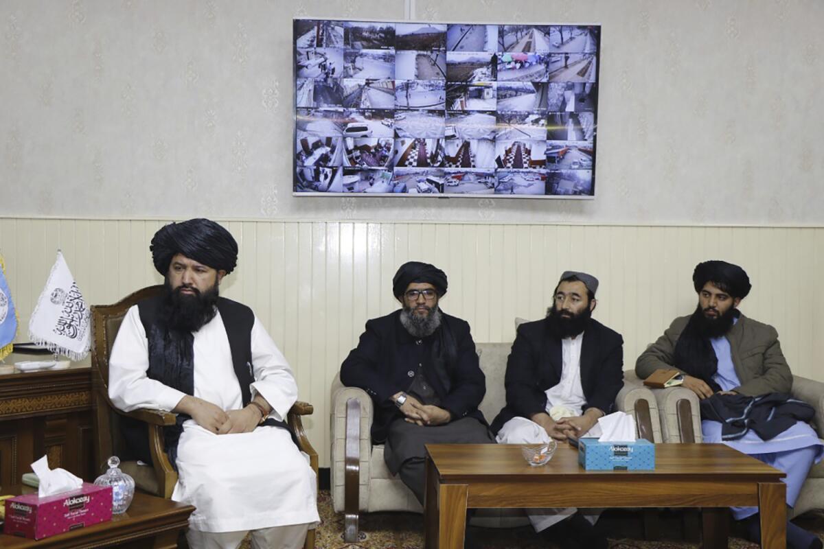 This photo provided by Taliban Higher Education Ministry, UN officials meet with Taliban Higher Education Minister in Kabul, Afghanistan on Saturday, Jan. 7, 2023. The U.N. envoy met with the Taliban-led Afghan government’s higher education minister to discuss the ban on women attending universities.(Taliban Higher Education Ministry via AP)