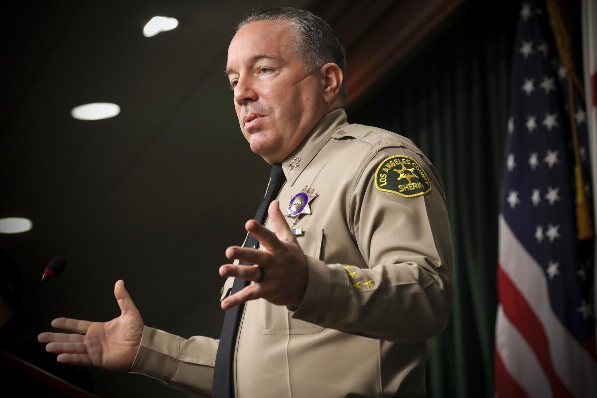 Sheriff Alex Villanueva speaks at a news conference at the Hall of Justice in Los Angeles