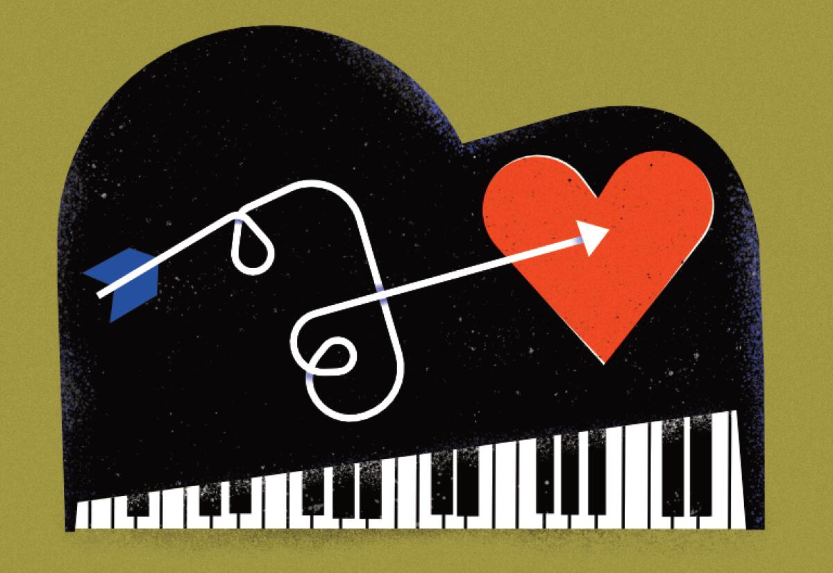 An illustration of an arrow aiming for a heart, atop a piano.