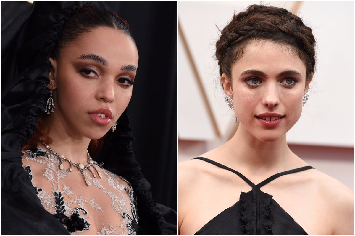 A split image of FKA twigs wearing a black dress and Margaret Qualley wearing a black dress