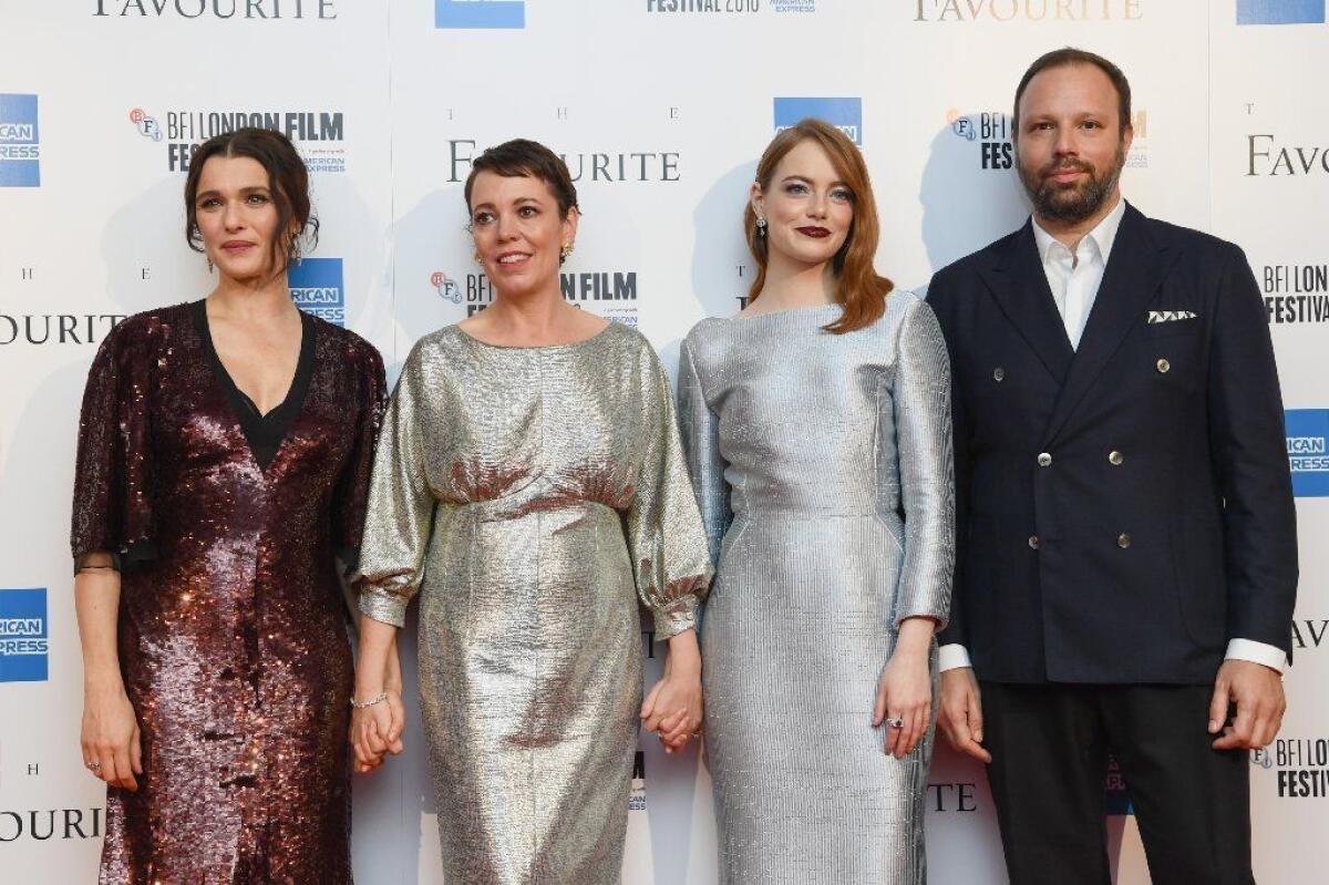 Rachel Weisz, Olivia Colman, Emma Stone and Yorgos Lanthimos attend the UK Premiere of "The Favourite" & American Express Gala at the 62nd BFI London Film Festival on October 18, 2018 in London, England.