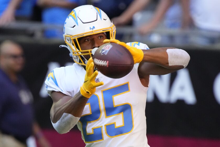 Los Angeles Chargers running back Joshua Kelley (25) during the first half of an NFL football game.