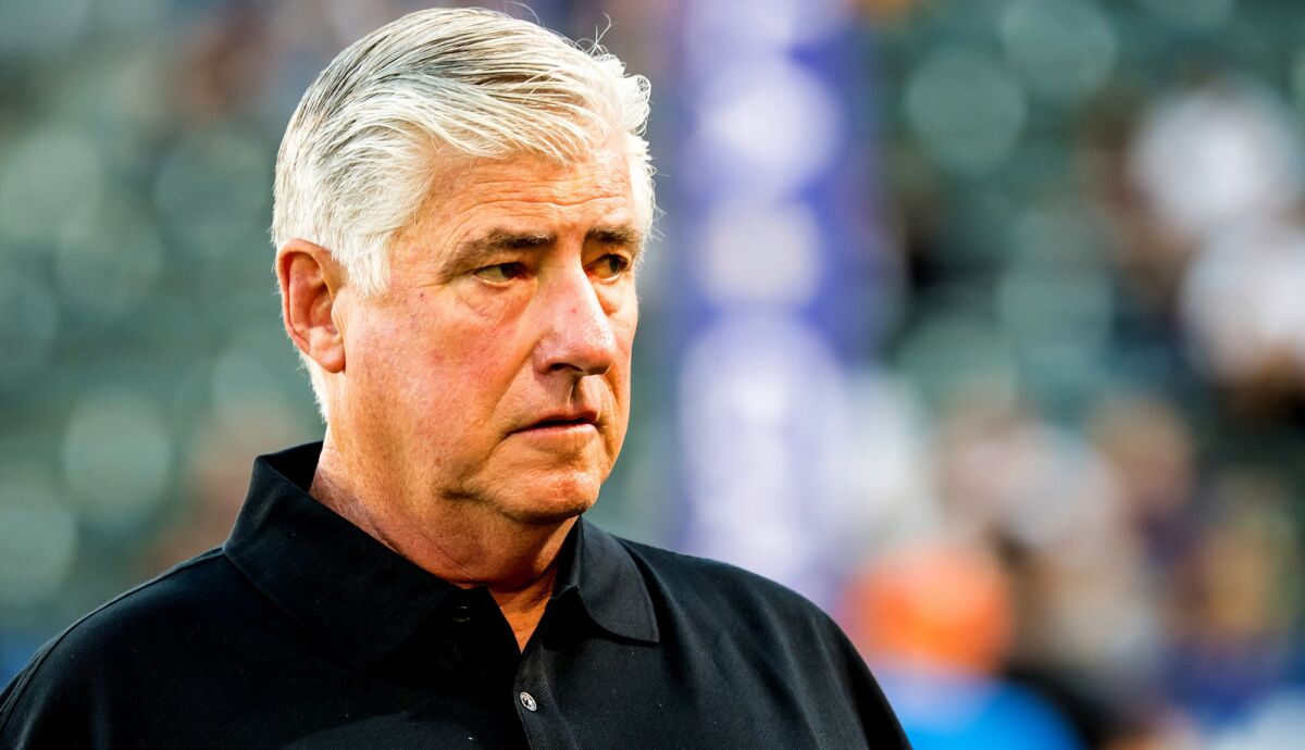 Former Galaxy coach Sigi Schmid during the Galaxy's match against Colorado Rapids at the StubHub Center on Aug. 14, 2018 in Carson.
