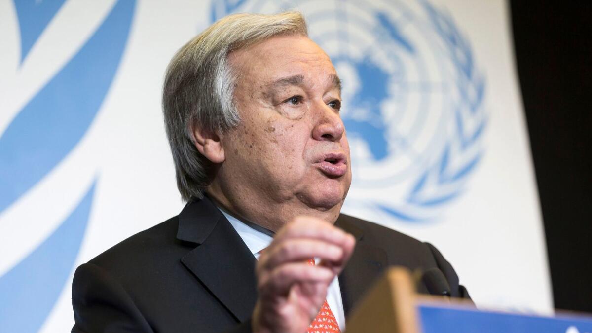 "Deeply concerned by cancellation of meeting between president of the U.S. and leader of the DPRK,” tweeted United Nations Secretary General Antonio Guterres, shown at a public lecture in Geneva on May 24, 2018.
