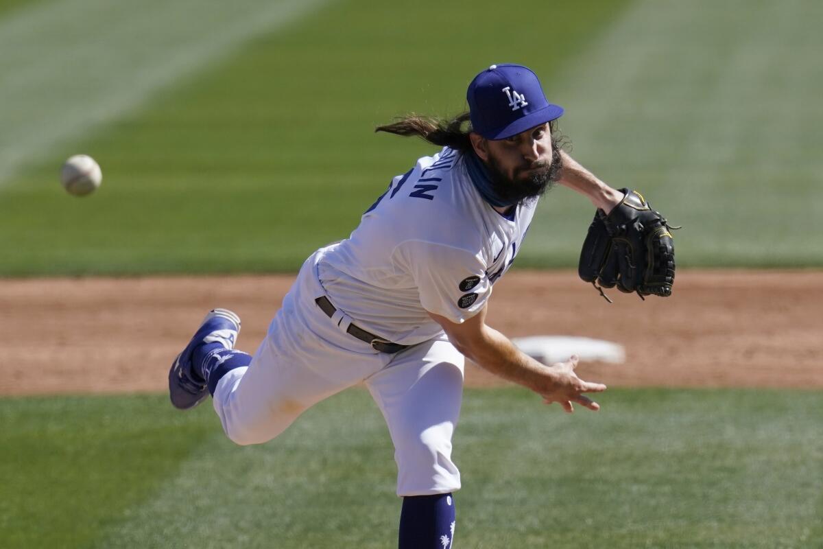 Dodgers pitcher Tony Gonsolin throws against the Colorado Rockies during a spring training game on March 1.