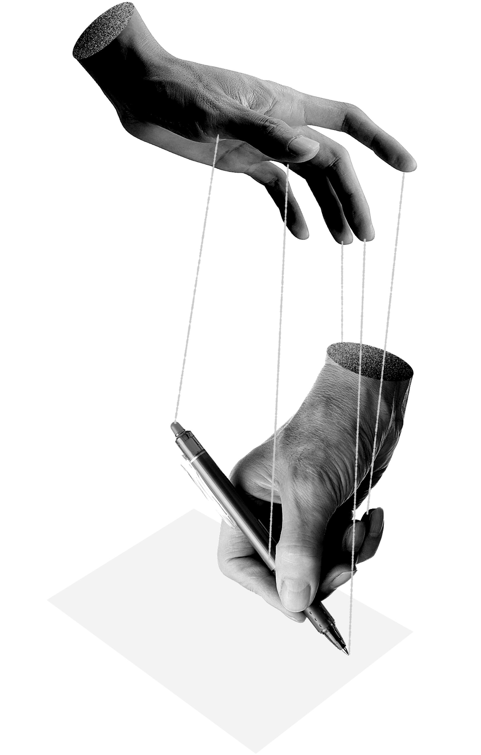 photo illustration of one hand pulling strings of another hand that is signing a document