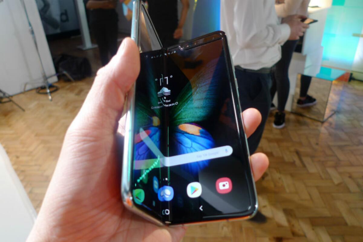 A Samsung Galaxy Fold smartphone is presented during a media preview event in London on April 16.