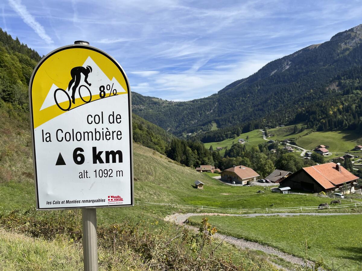 The village of Le Reposoir appears along the route to the summit of the Col de la Colombiere in the French Alps.