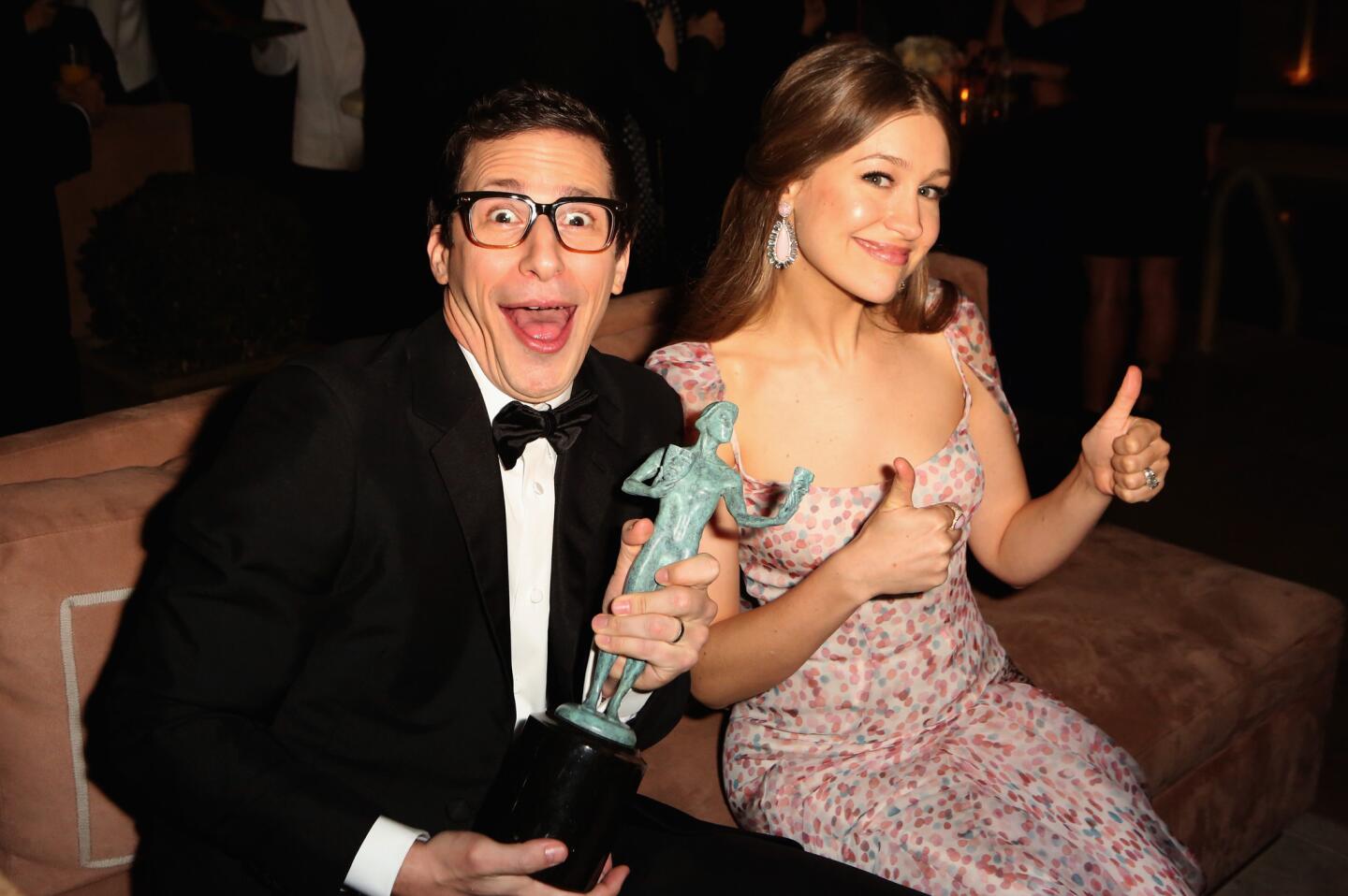"Brooklyn Nine-Nine" actor Andy Samberg and singer Joanna Newsom attend the 2015 SAG Awards after-party hosted by Weinstein Co. and Netflix at the Sunset Tower in West Hollywood on Jan. 25, 2015.