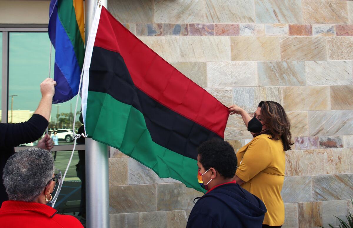 Melahat Rafiei, right, in a Feb. 1 Pan African flag-raising ceremony at the OC Fair & Event Center in Costa Mesa.