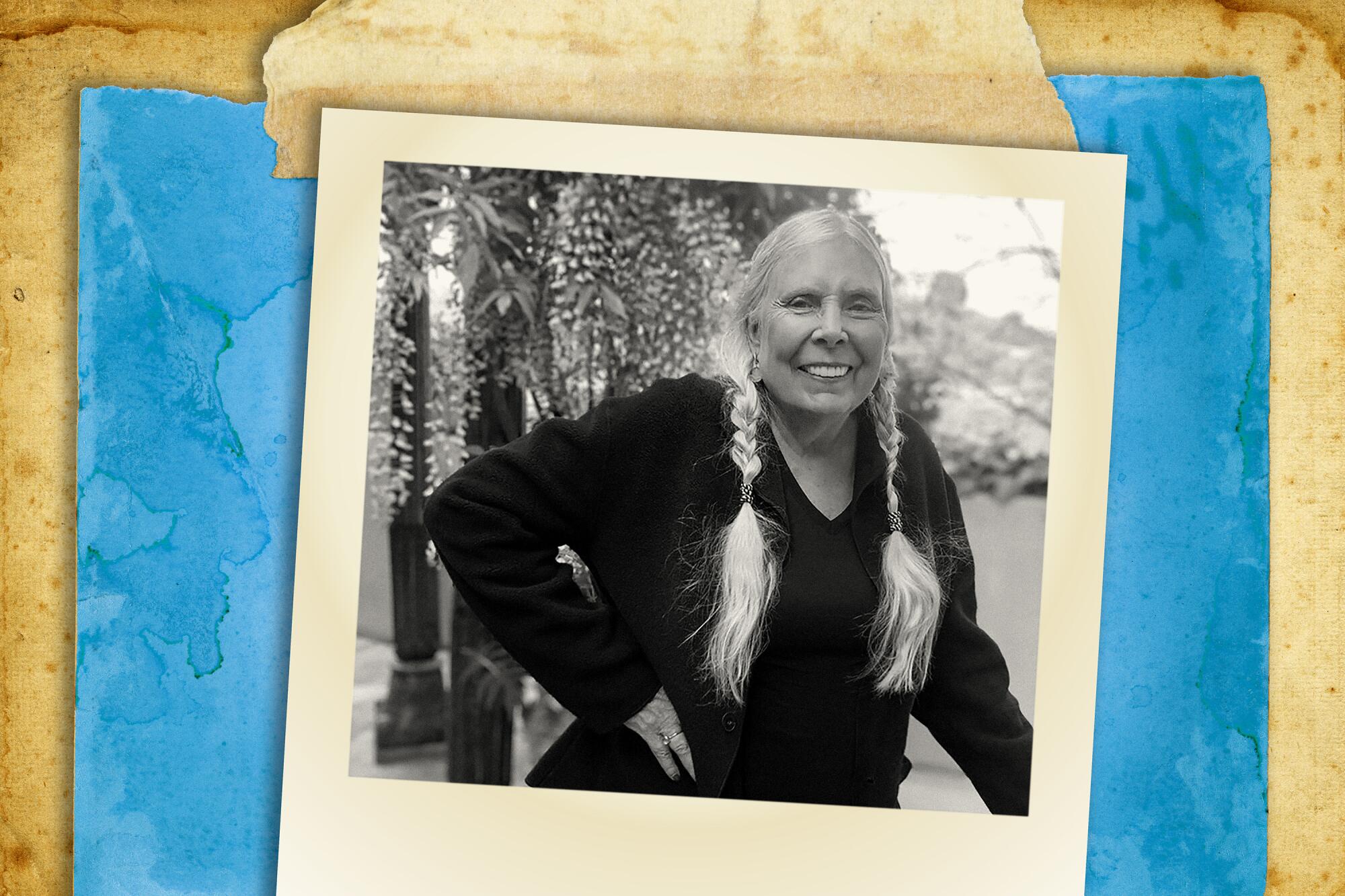 Photo illustration of Joni Mitchell, smiling with her hair in two braids