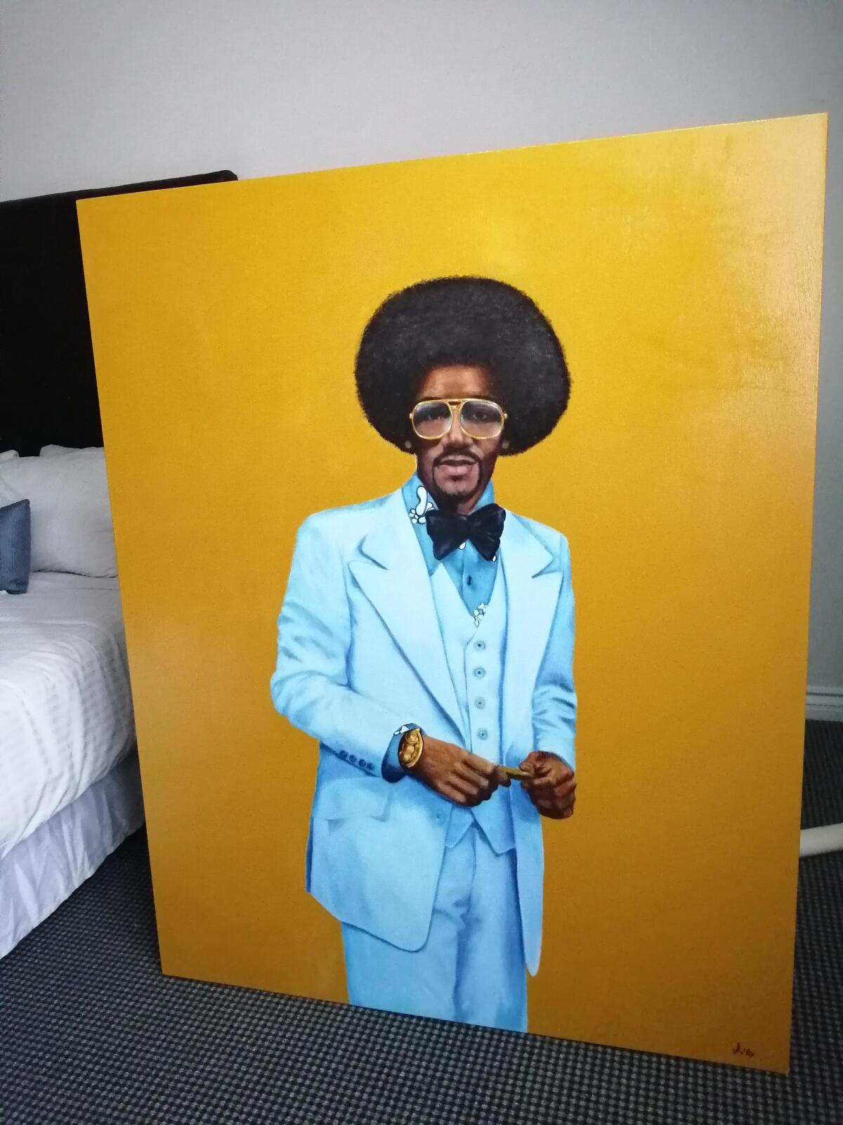 Painting of a Black man in a powder blue 1970s suit against mustard background