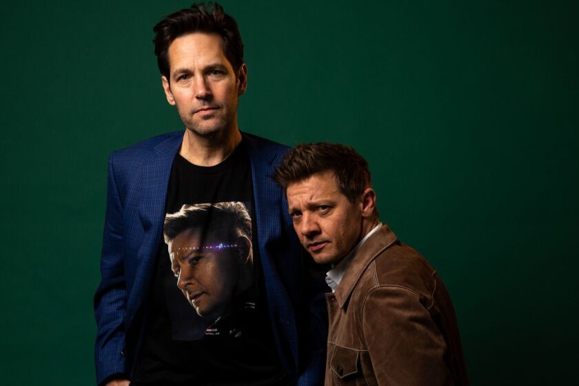 LOS ANGELES, CALIF. - APRIL 07: Actors Paul Rudd and Jeremy Renner from the film, "Avengers: Edngame," pose for a portrait at the Intercontinental Hotel on Sunday, April 7, 2019 in Los Angeles, Calif. (Kent Nishimura / Los Angeles Times)